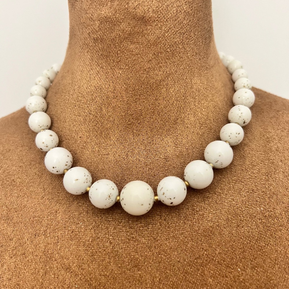 Vintage White Speckled Bead Statement Necklace 20 Inch Adjustable Cottagecore